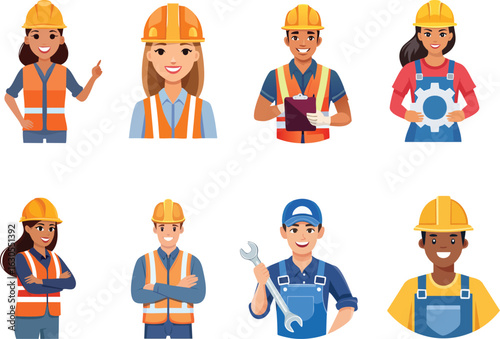 diverse cartoon construction workers avatars, male and female builders in hard hats and uniforms, flat icon set