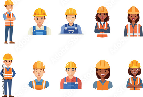 A collection of construction workers' avatars, diverse male and female builders in hard hats and vests, vector flat graphic illustration