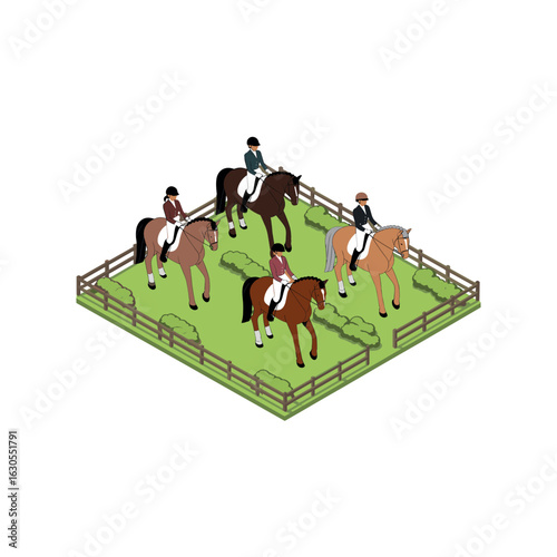 Equestrian Riders on Horses in Training Arena – Isometric Vector Illustration

