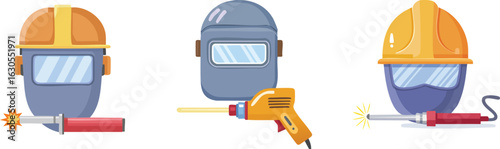 Flat vector welding helmets and soldering iron tools, industrial and construction worker safety equipment icons, graphic set