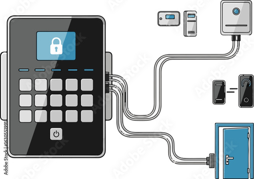 Smart home security system with keypad and door sensor isolated on white background