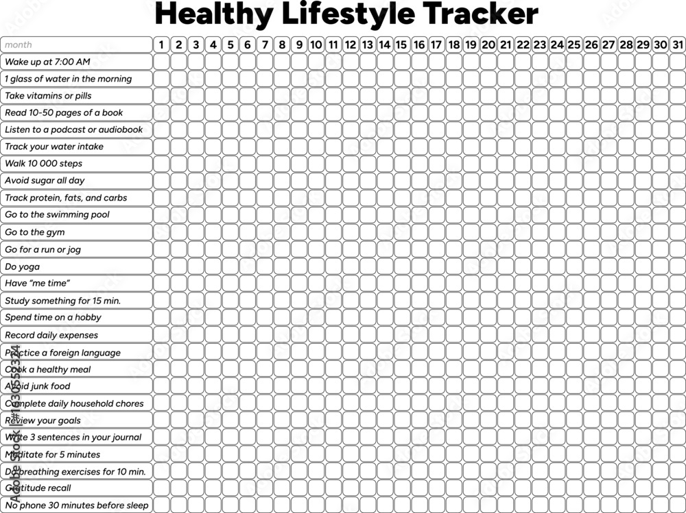 Fototapeta premium Lifestyle tracker with daily habit checklist. Habit tracker for month template. Vector illustration. 