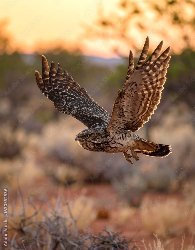 Fototapeta premium A majestic owl in flight, wings spread against a warm sunset backdrop.