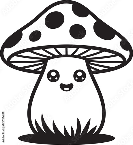 Cute cartoon mushroom with happy face and spots in a field stock photos royalty free premium quality