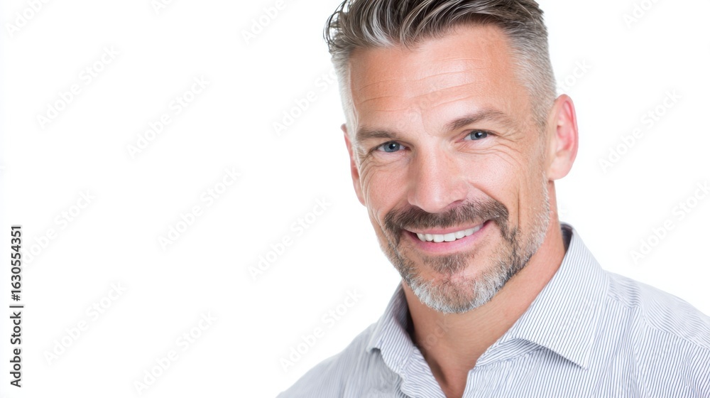 Obraz premium The man appears confident with a friendly smile, showcasing his well-groomed gray hair and dressed in a striped shirt. The bright white backdrop enhances his cheerful demeanor.