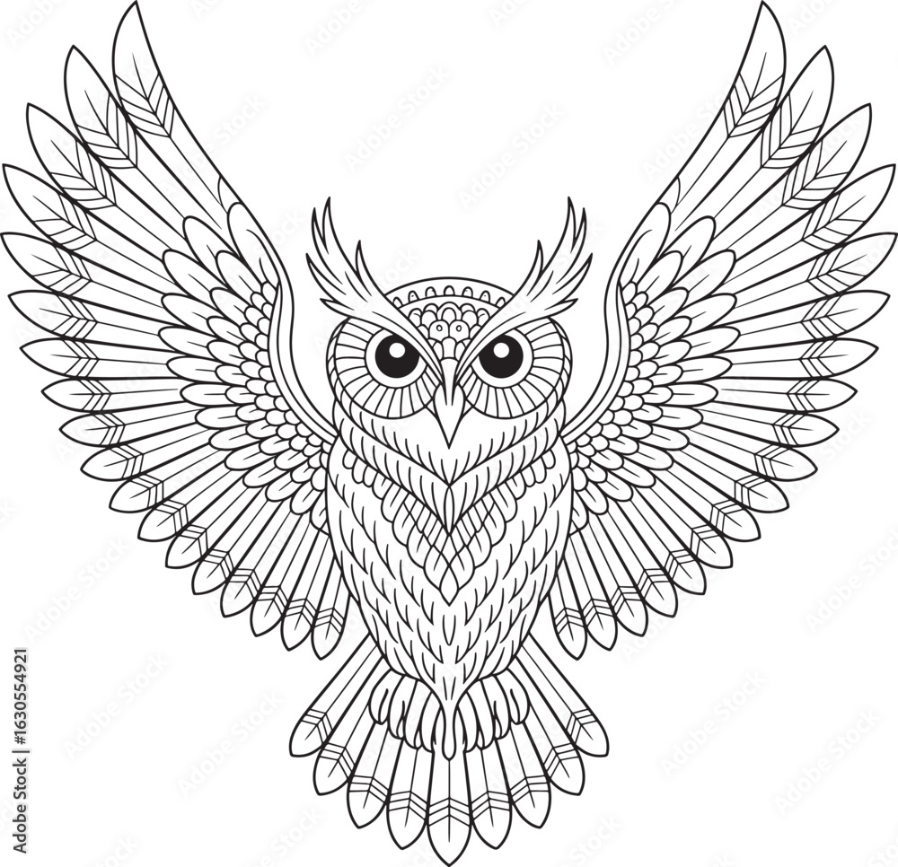 Obraz premium flying owl with big eyes line art illustration stock photos royalty free premium quality