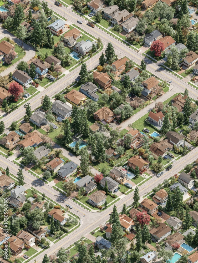 Fototapeta premium an aerial view of a suburban neighborhood with houses yards and trees on a sunny day