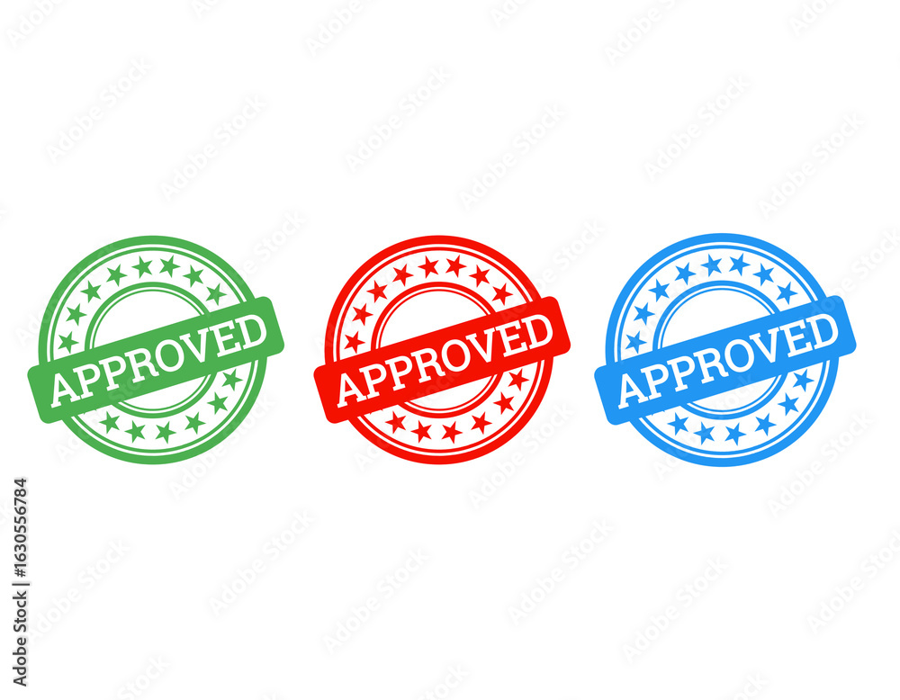 Obraz premium Colorful Approved Stamp Icons – Green, Red, Blue Seal Badges