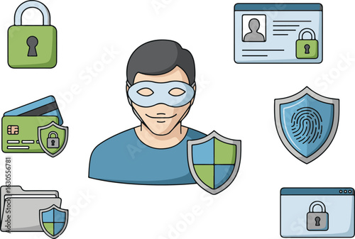 Various security icons depicting protection of personal data and prevention of cybercrime and identity theft