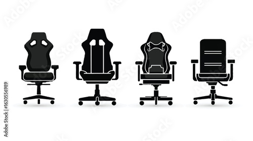 Four Black Gaming Chairs Vector Illustration for Comfortable Seating and Ergonomic Support for Gamers and Office Workers Alike
