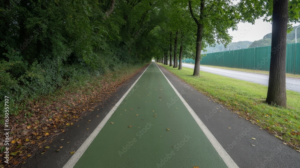 Fototapeta premium A peaceful, tree-lined cycling path featuring a green surface and bordered by grass, inviting outdoor enthusiasts to explore nature.