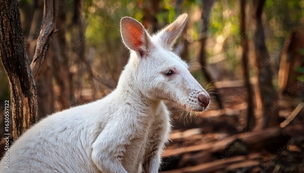 Fototapeta premium a white kangaroo is standing among trees and mud