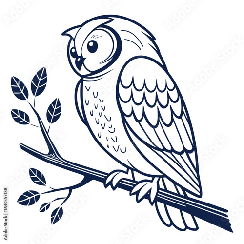 An owl is sitting on a branch with a white background.