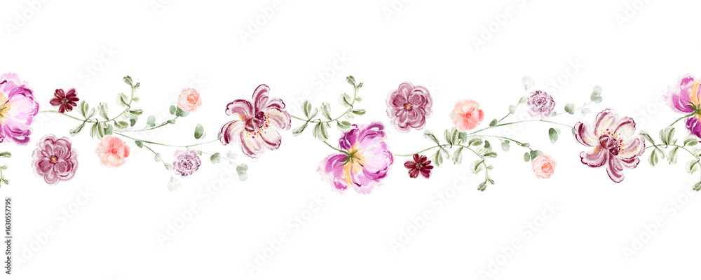 Fototapeta premium Horizontal seamless floral border with pink and lilac peonies. Watercolor flower arrangement for printing, banner, wallpaper, stationery, template, invitation, and greeting card.