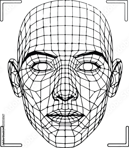 Futuristic face scan technology with wireframe grid for biometric identification and artificial intelligence systems