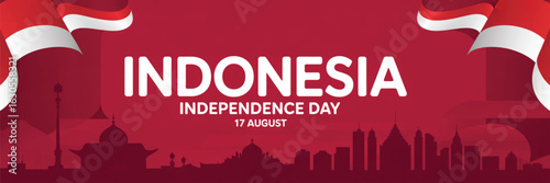 Indonesia Independence Day banner with red background, bold white text, national flags, and landmark silhouettes for 17 August tribute