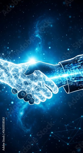 Digital handshake concept in a cosmic background.