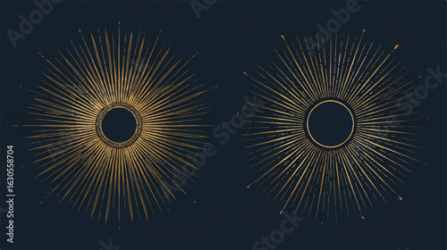 Golden Sunburst Rays on Dark Blue Background Mystic Starbursts Decorative Sun Illustrations Celestial Design Elements Astrological Symbols