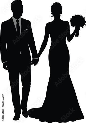 Silhouette of a bride and groom holding hands isolated on white background