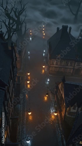 A dark and gloomy street with a few houses and a few street lights