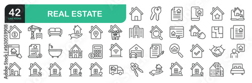 Set Of Real Estate Line Icons. Contains such icons as House, Home, Mortgage, Plan, Real Estate Insurance, Real Estate Agent, House Key, Domestic Life, Real Estate Construction, Relocation, and more.
