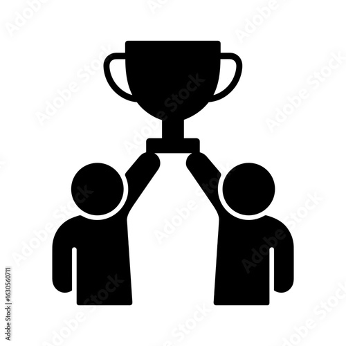 Two people holding trophy icon in solid fill representing teamwork and success