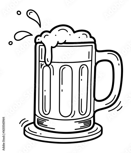 Cartoon Illustration of Beer Mug with Foam and Splashes
