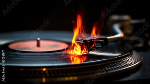 A spinning vinyl record emits flames from the turntable, creating a striking contrast against the dark background. The scene is dynamic and captivating, highlighting the fusion of music and fire.