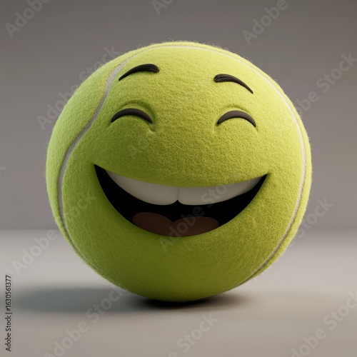Happy tennis ball character with a big grinning smile and closed eyes