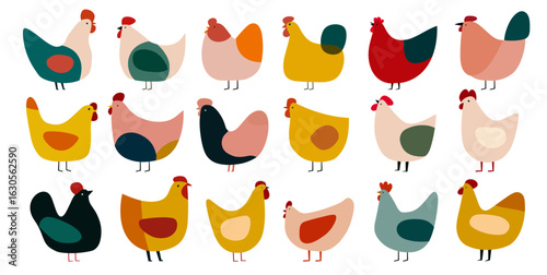 Hen logotype set. Flat minimalistic chicken logo for organic farm poultry meat and eggs products vector emblem