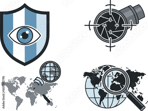 Icons representing global surveillance and data security with a focus on privacy and information protection
