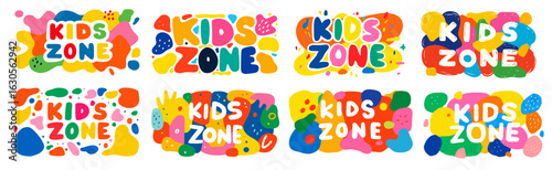 Play kids zone labels set. Colorful cartoon children game room sign design,  playroom vector banner