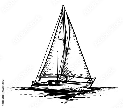 Sailing Boat on the Water, Detailed Black and White Illustration