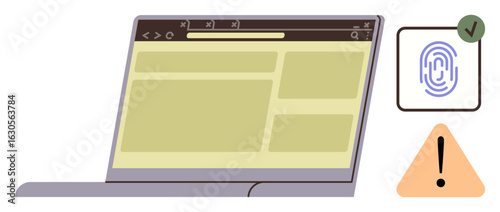 Laptop interface with secured fingerprint authentication and alert warning. Ideal for online safety, data protection, risk management, cyber threats, secure access, IT solutions, simple flat metaphor