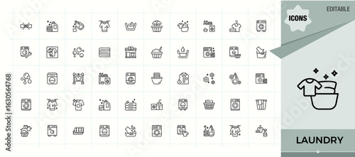 Laundry line icon set. Contain linear sign clothing, clothes, dry, washer and more. Cleaning icon set. Minimalist editable vector stroke. Editable stroke. Vector illustration.