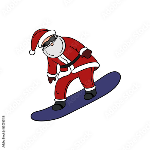 Christmas time eve. Santa Claus on snowboard with great mood. Snowboarding in wintertime holidays. Festive fun and cute element collection 