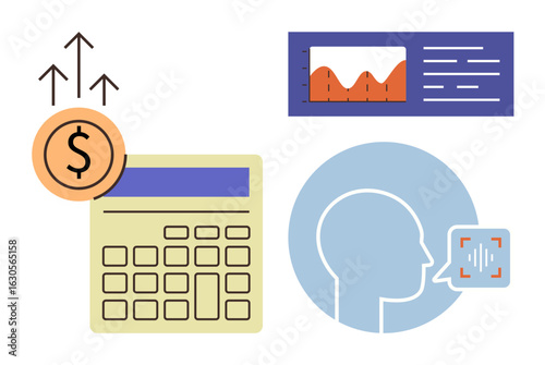 Calculator with rising dollar icon, analytics chart, human head with voice recognition element. Ideal for finance, business, analytics, technology, AI communication data insight. Simple flat