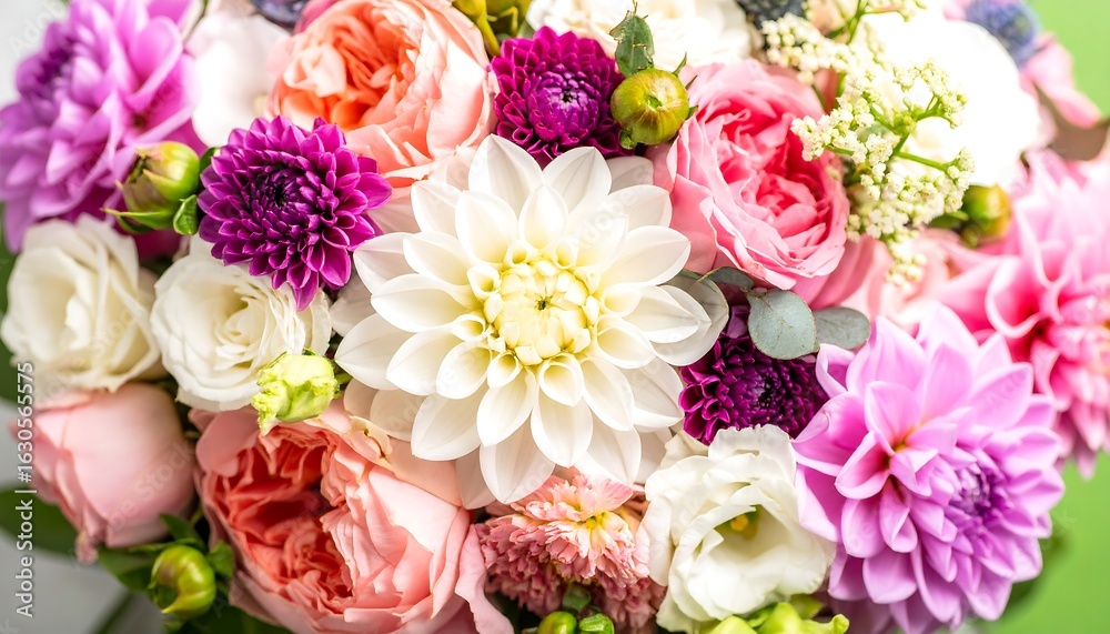 A vibrant bouquet of various flowers in pastel shades, centered on a large white dahlia