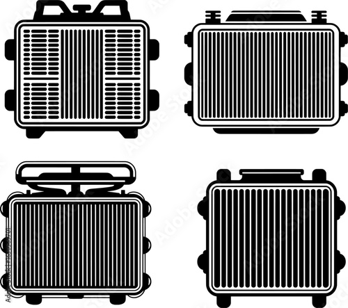 Sturdy black silhouette of a car radiator with cooling fins, perfect for automotive designs, technical illustrations, and mechanical artwork