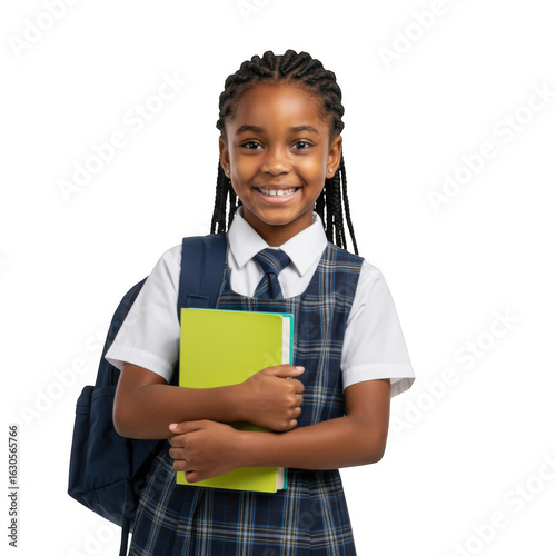 A young african american student wearing a school uniform smiles holding a book and backpack isolated on transparent background