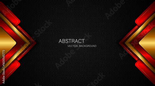 Abstract red and gold polygon with golden lines on dark steel mesh background with empty space for design. modern technology innovation concept background	