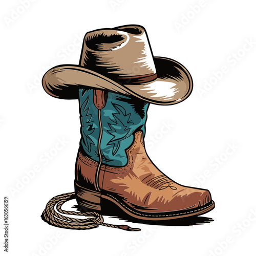 Vector Illustration Frame from rope lasso with cowboy boots and hat in color. Design element for sign, poster, card, banner