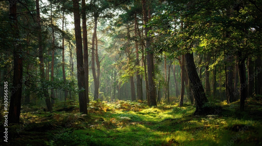 Naklejka premium autumn forest trees nature green wood sunlight backgrounds no logos no brands ar 169