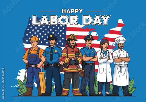 Adobe Illustrator Artwork of honoring the American workforce this USA Labor Day. A diverse group of essential workers stand united before a patriotic American flag map, symbolizing national pride