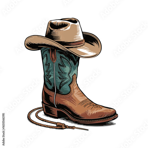Vector Illustration Frame from rope lasso with cowboy boots and hat in color. Design element for sign, poster, card, banner