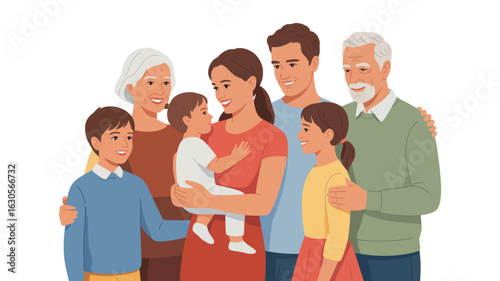 Multi-Generational Family Portrait — Group of Seven People Including Baby, Children, and Grandparents Symbolizing Love, Heritage, and Togetherness 