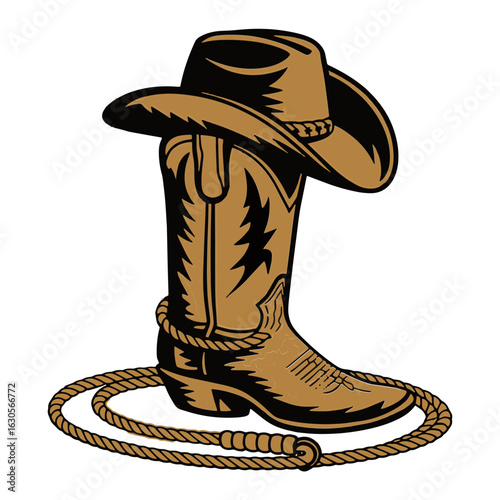 Vector Illustration Frame from rope lasso with cowboy boots and hat in color. Design element for sign, poster, card, banner