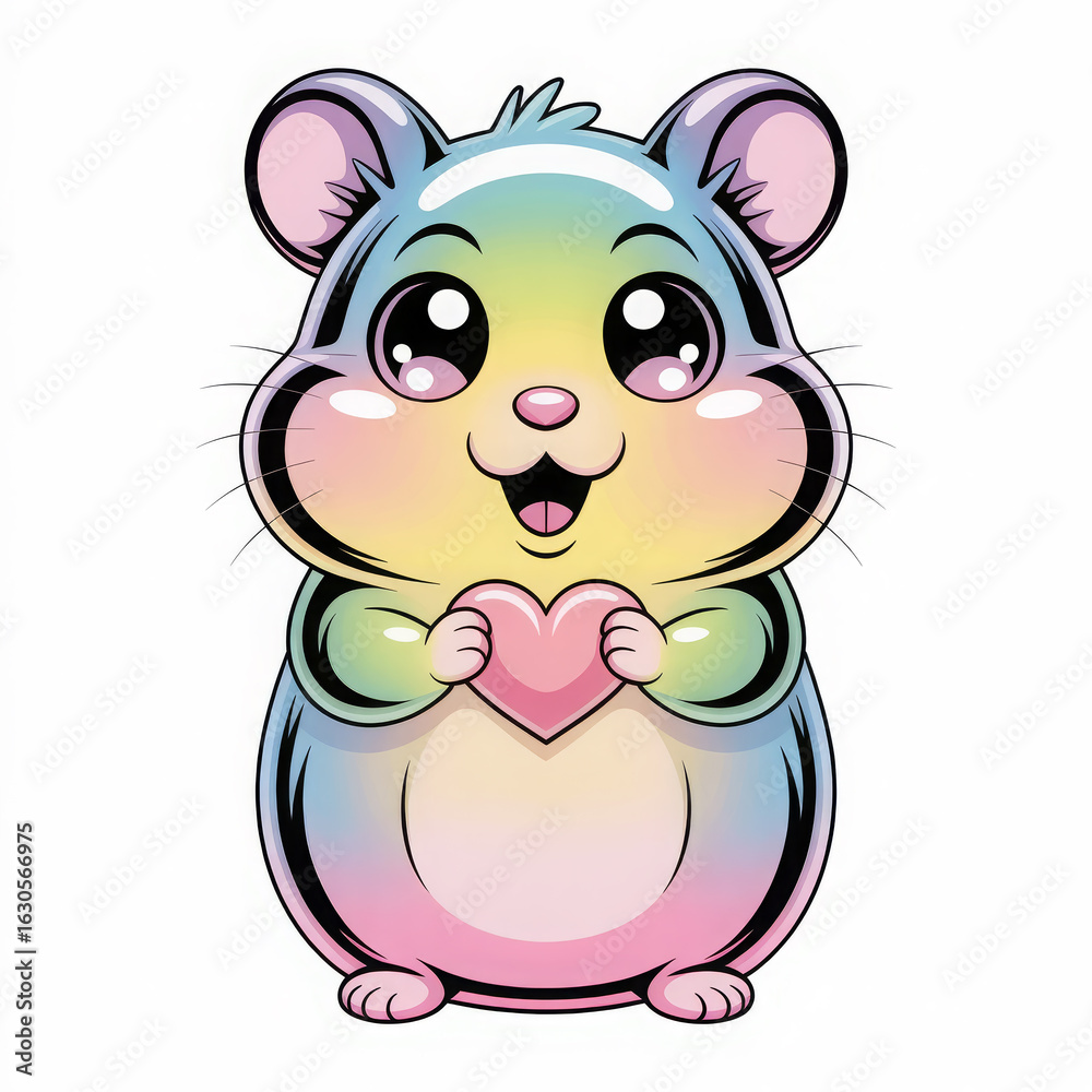 Naklejka premium Adorable Rainbow Hamster Holding a Heart Illustration Perfect for Childrens Books and Valentines Day Cards