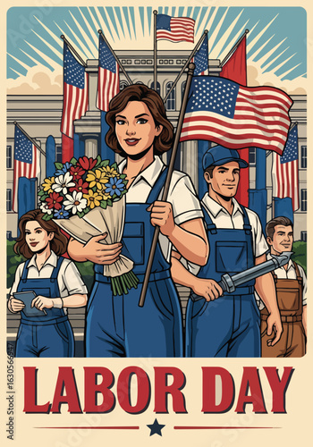 Adobe Illustrator Artwork of A retro poster with a diverse group of workers, celebrating Labor Day in front of an American government building