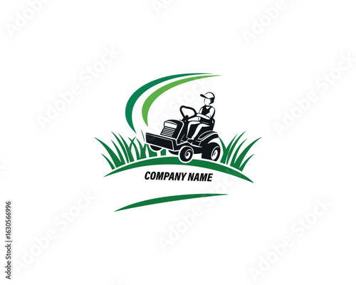 This vector graphic depicts a silhouette of a person operating a lawn mower, situated amongst stylized grass